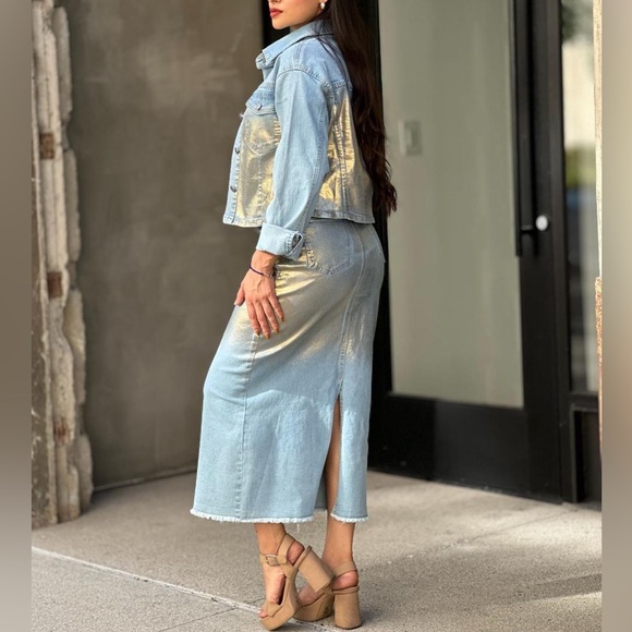 Set of Metallic Gold Denim Jeans Skirt & Jacket, Large Light Blue - Picture 9 of 16